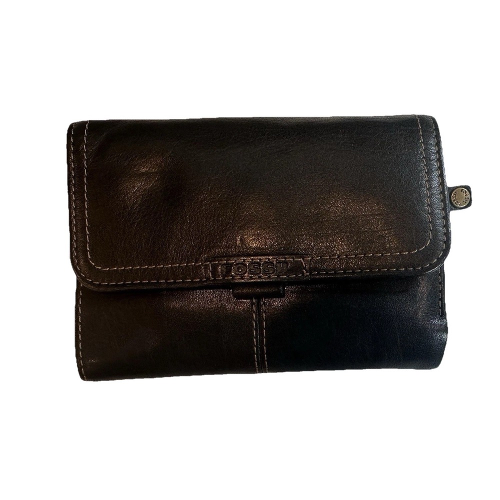Fossil Wallet Organizer Black Leather Trifold Snap ID Zip Pocket Classic